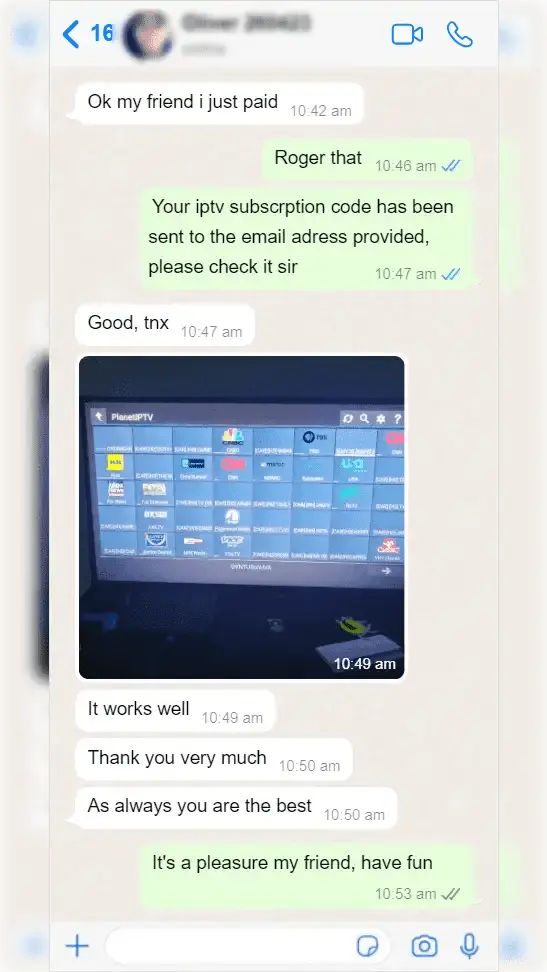 WhatsApp review from satisfied IPTV customer praising 4K channel quality and reliable streaming