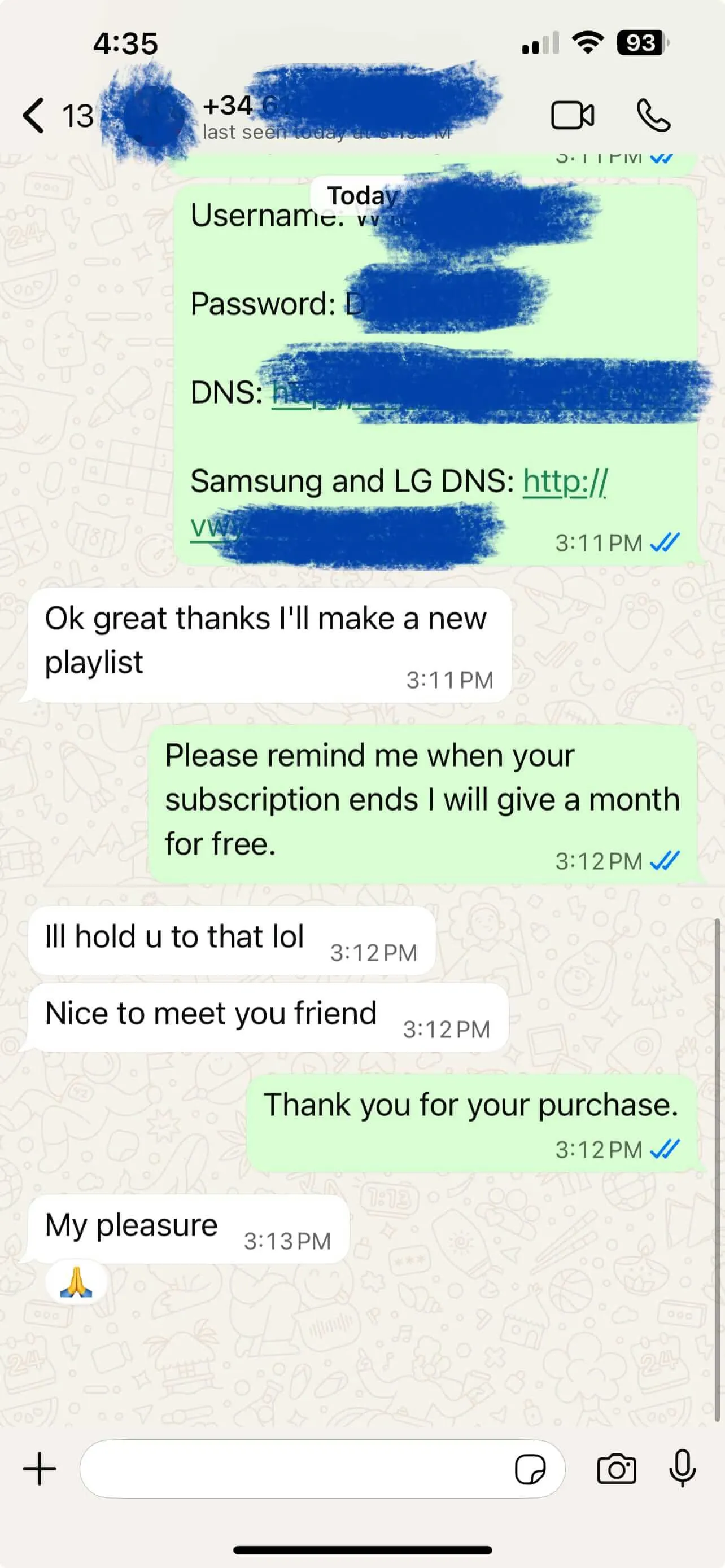 WhatsApp feedback from IPTV user highlighting 24,000+ channels and strong customer support