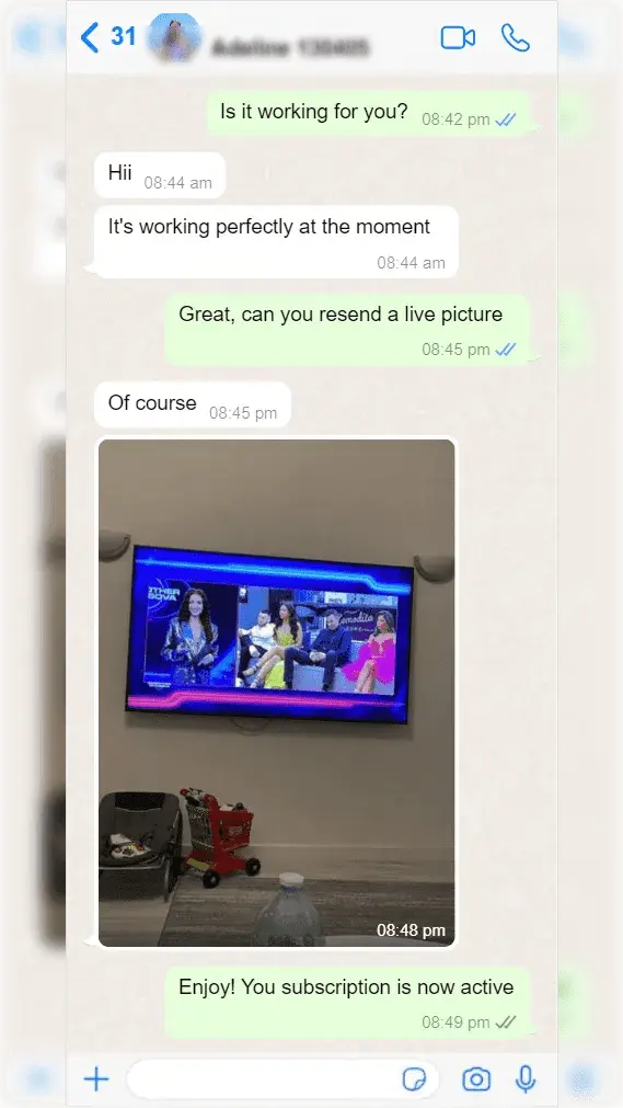 WhatsApp message from IPTV subscriber confirming smooth activation and full channel access